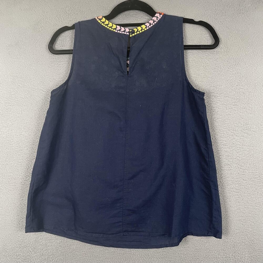 J Crew Top Womens 0 Navy Blue Sleeveless Embroidered Floral Linen Cotton Boho - Picture 3 of 8
